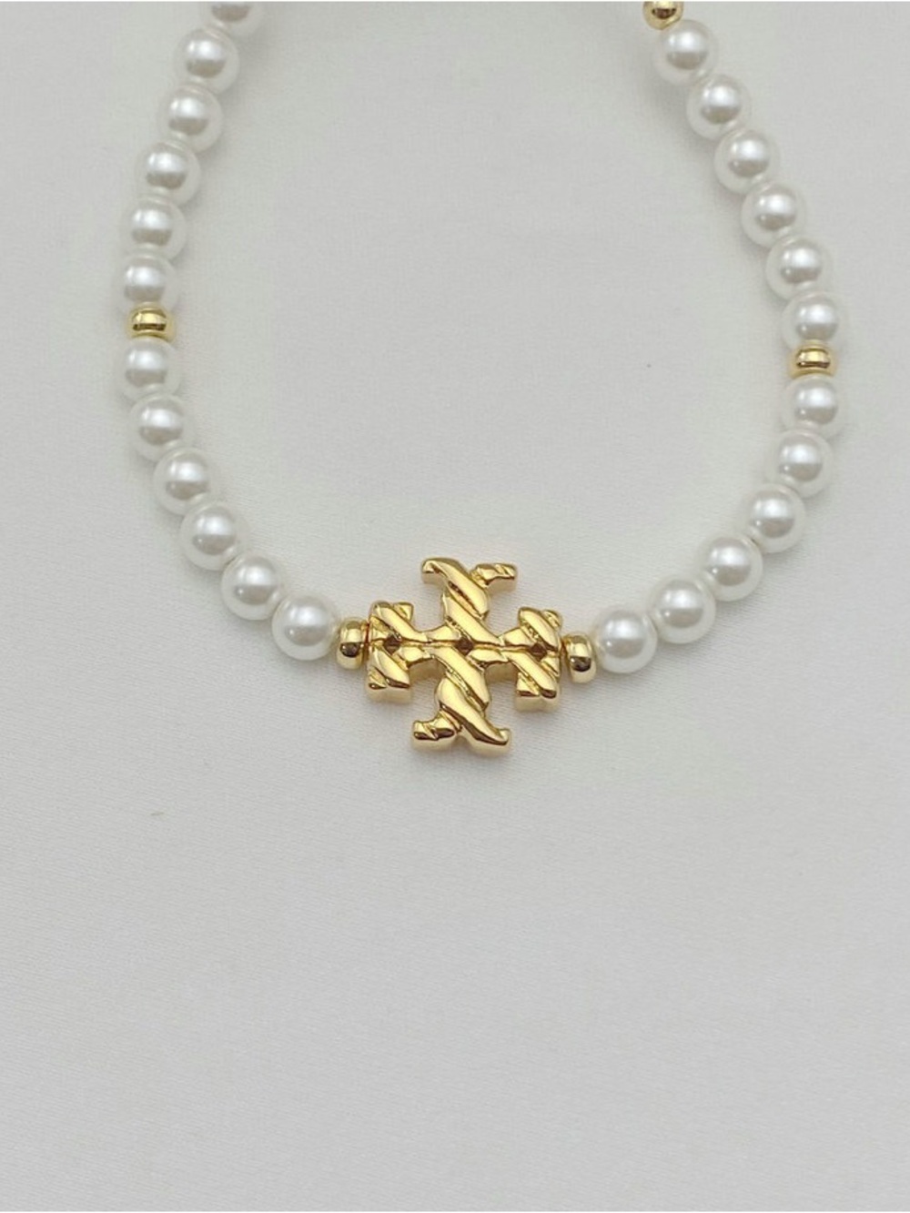 Tory Burch Gold and White Pearl Logo Adjustable Bracelet - Picture 3 of 5